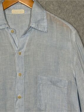 CP Shades Long-Sleeve Button-Up Linen Shirt-Light Blue/White Striped-Women Small